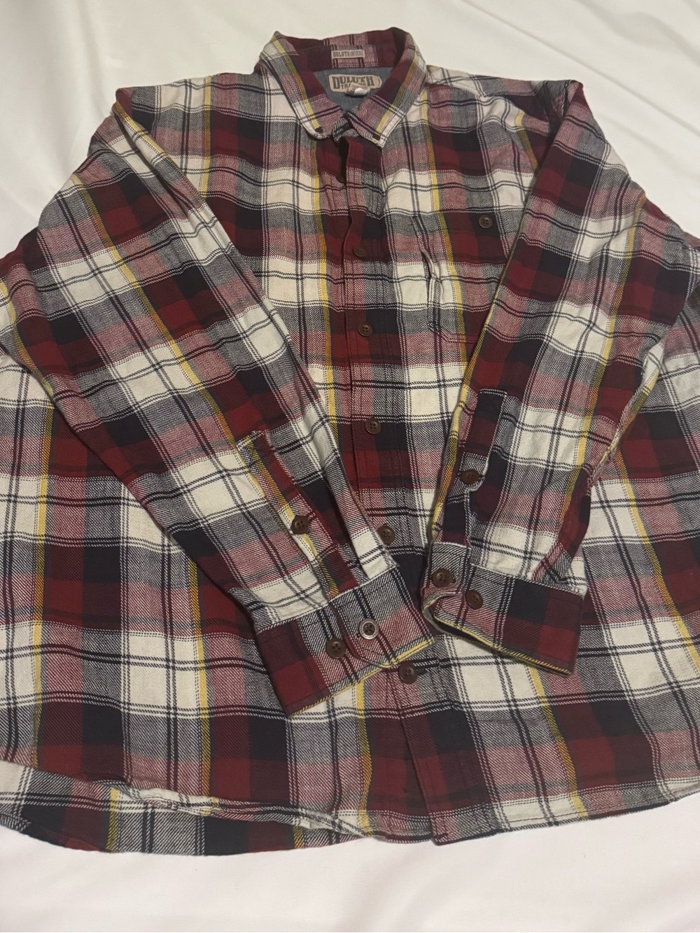 Duluth Trading Co. Men's Burgundy and Cream Plaid Button-Down Shirt
